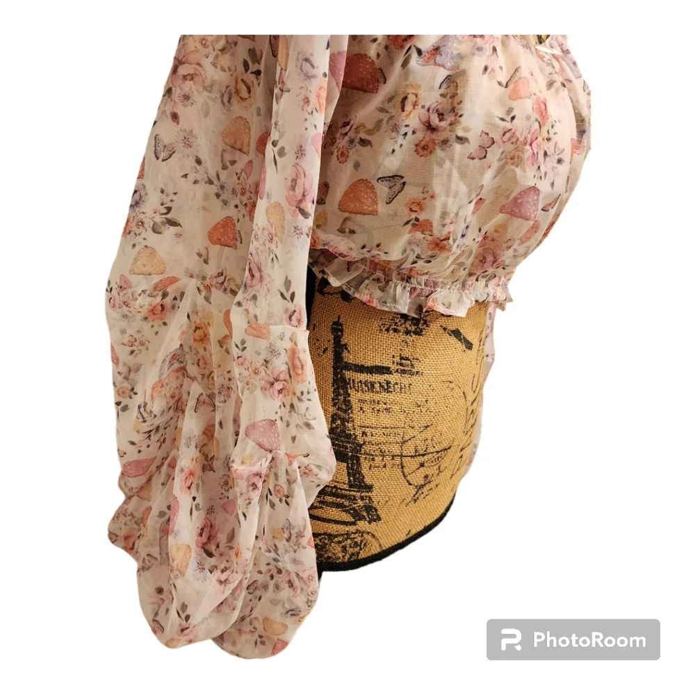 Sugar Thrillz floral half sheer blouse. On or off shoulder. - Picture 3 of 7